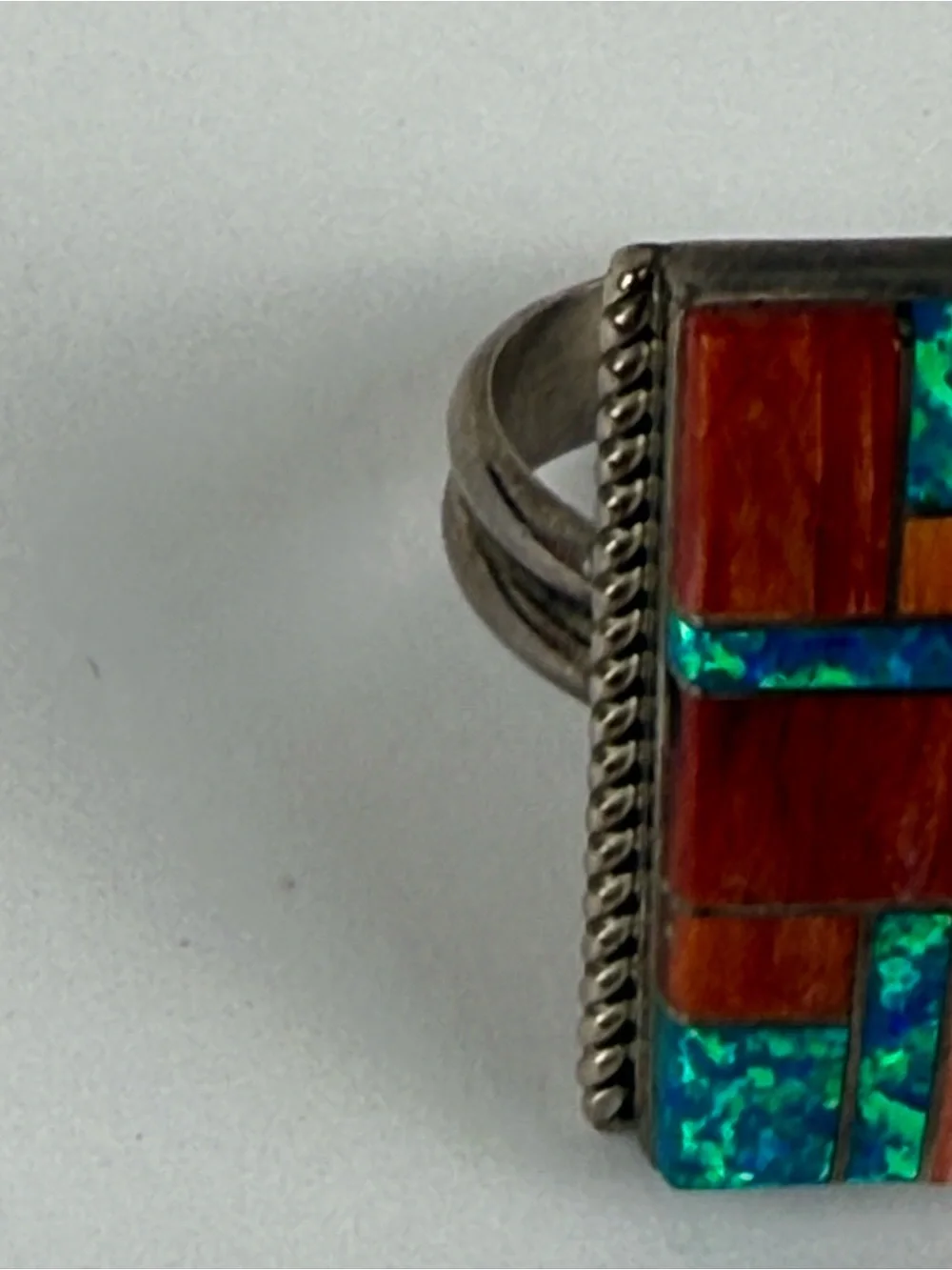 Native American Spiny Oyster, Lab Created Opal Sterling Silver Signed WG 8.75 - Picture 12 of 16